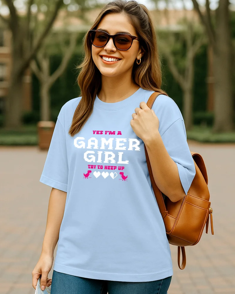 بيواكوف Women's Sky Blue Gamer Girl Typography Oversized T-shirt